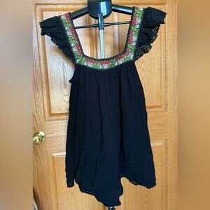 Urban Outfitters Black Embroidered Romper with Floral Trim